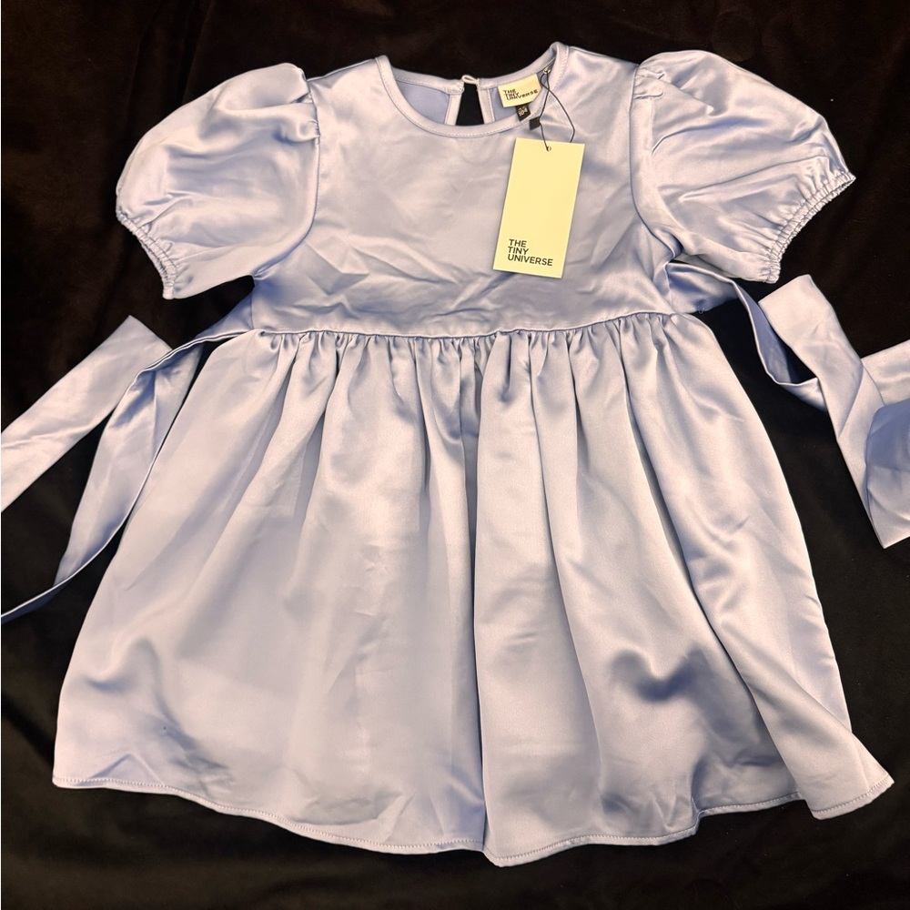 The Tiny Universe Blue Satin Dress Puff Sleeve Tie Back Party Dress Size 4T NWT